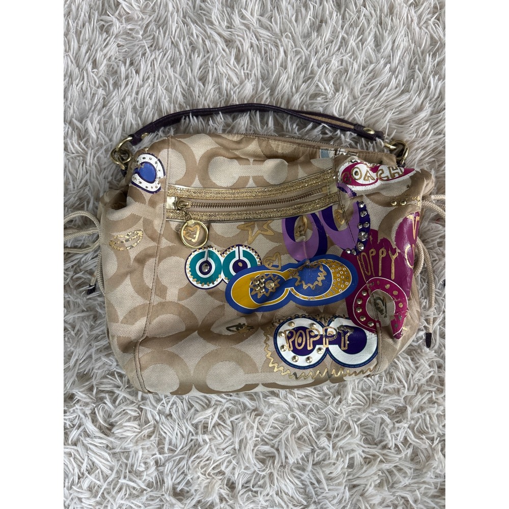 Vintage Coach Poppy Graffiti Glam Shoulder Bag Khaki Monogram Multicolor Sparkle - Picture 2 of 12